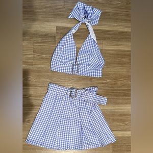 Blue plaid, two piece skirt and top set. Size large